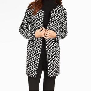Talbots Geometric Pattern Wool Knit
Cardigan Duster Jacket Black & White Sz M